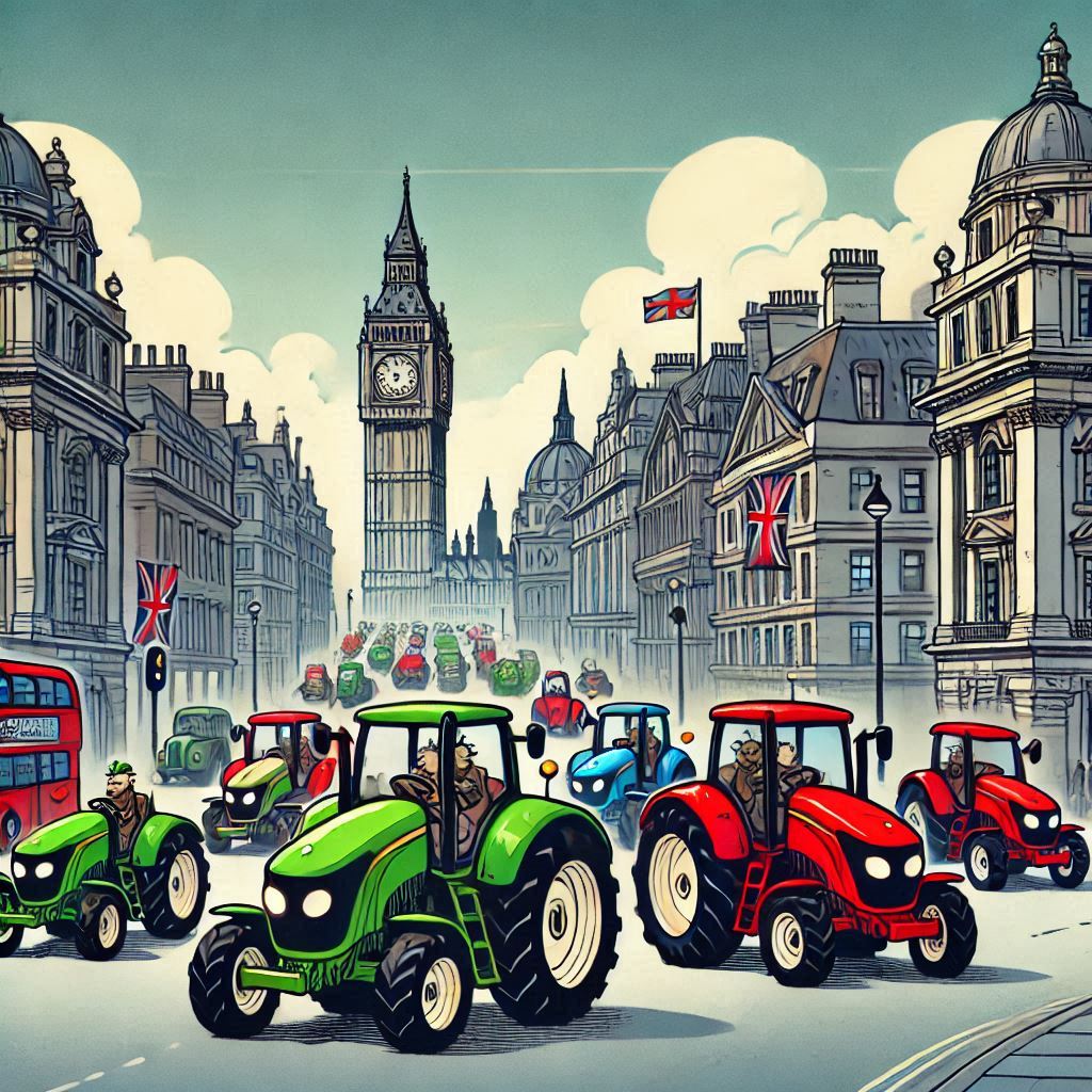 Farmers drive their tractors through London to protest against the rise in inheritance tax.